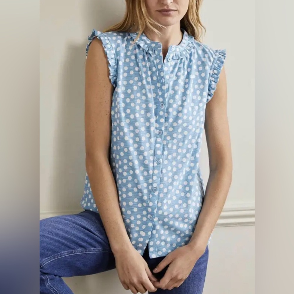 Boden Blue Polka Dot Ruffle Cap-Sleeve Button Blouse